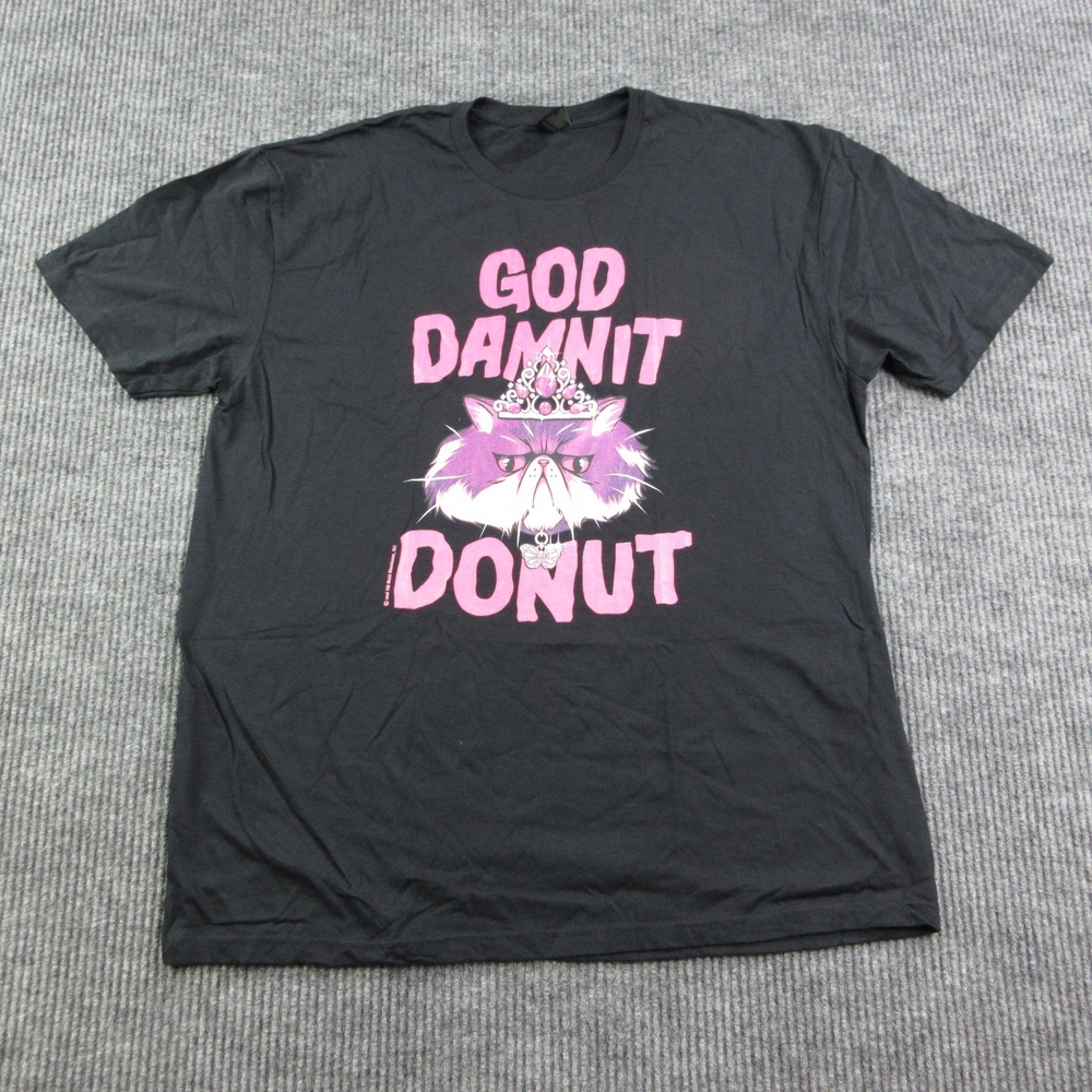 God Damnit Donut Cat Shirt Mens XL Black Crew Neck Cotton Gildan Graphic Tee